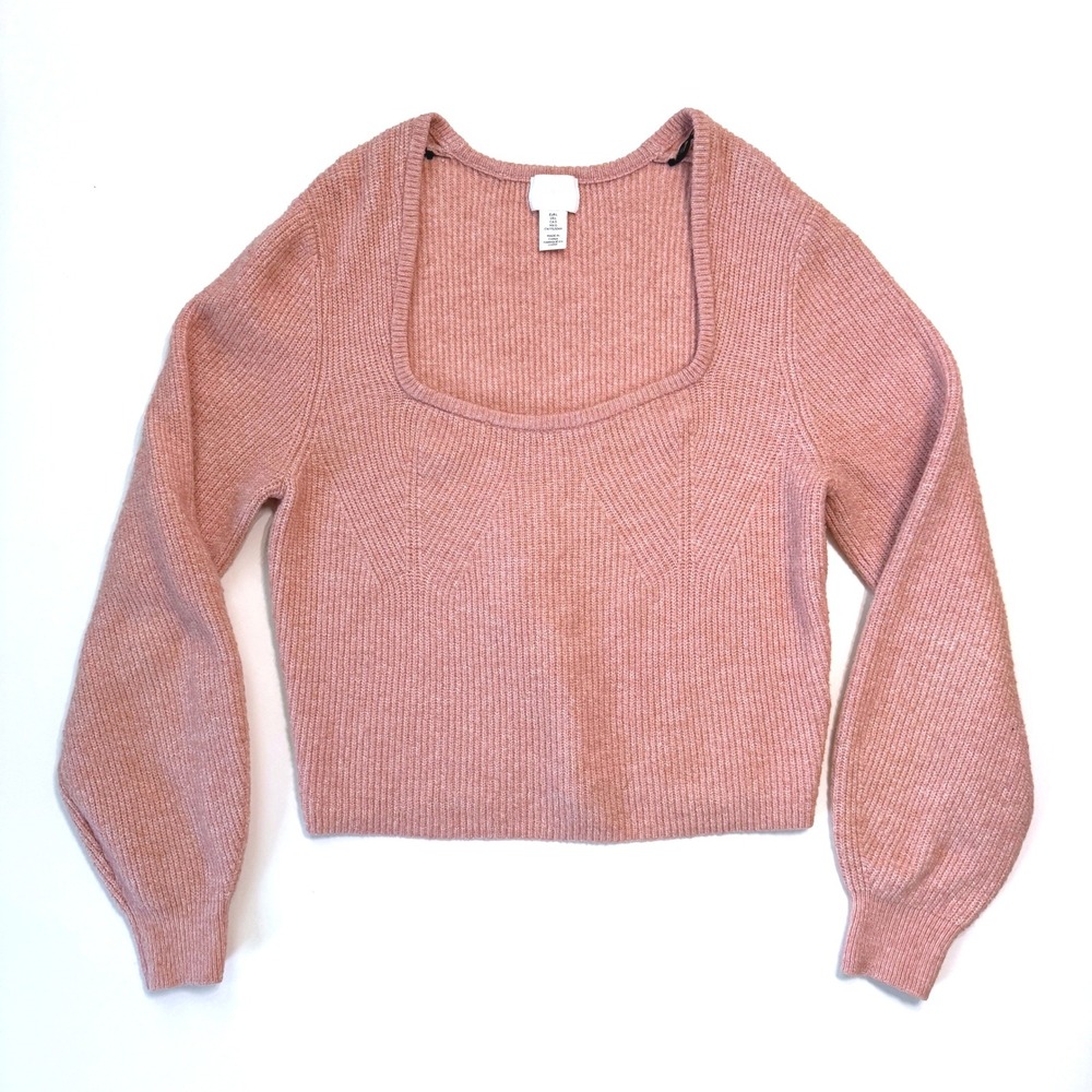 H&M‎ Ribbed Knit Sweater Women Pink Square Neck Balloon Sleeve Large